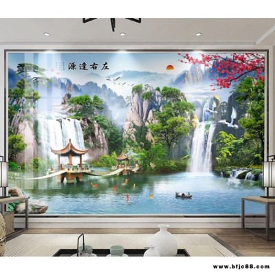 諾曼 左右逢源山水瀑布風(fēng)景畫 高清大型山水壁畫 瓷磚背景磚 定制客廳背景墻 家庭客廳背景墻壁畫 涼亭池塘風(fēng)景畫瓷磚背景墻