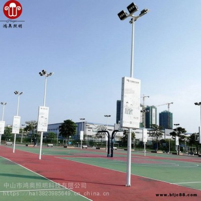 梅州學校10米高桿燈安裝 一拖五鍍鋅燈桿配圓形支架300WLED投光燈