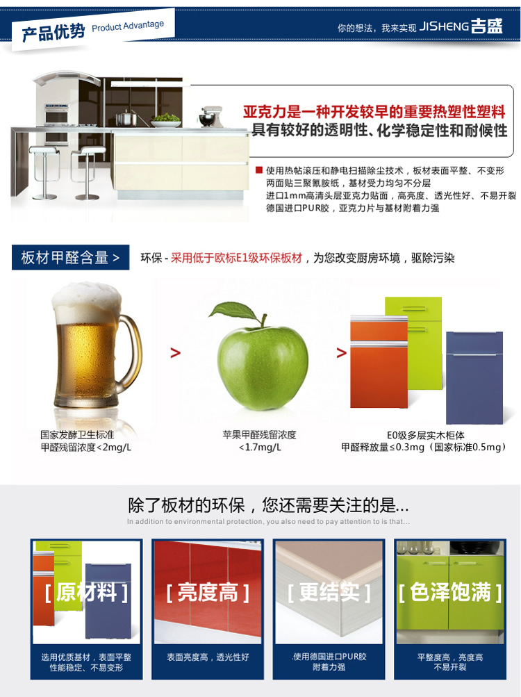 亞克力櫥柜門板 吉盛專業(yè)柜門定做 甲醛釋放量E1等級 熱銷推薦示例圖2