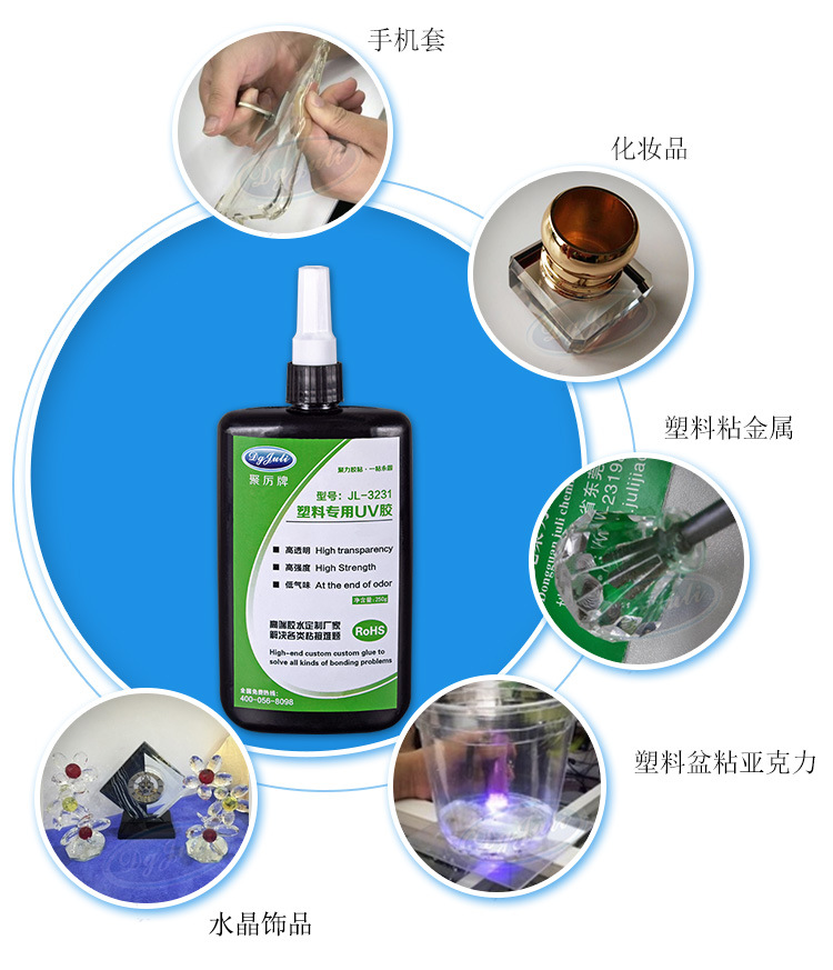 JL-3231塑料UV膠 透明PVC粘玻璃亞克力專用UV膠 PC塑料UV無影膠水示例圖20